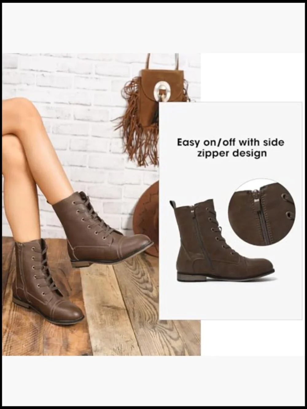 Lace Up Military Ankle Boots Side Zipper Round Toe Booties Combat Style - Picture 5 of 7